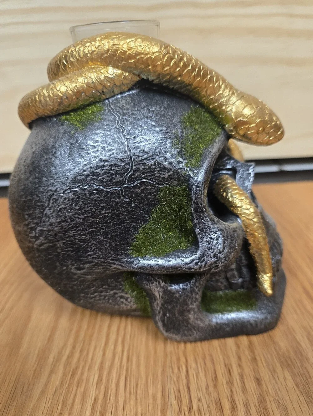 Gold Snake Skull Candle Holder - Metallic Black & Gold Accent